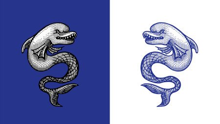 Heraldic dolphin or sea monster for coat of arms design and shield. Hand drawn engraving in old traditional medieval style, modern made element for family symbols and  templatesのイラスト素材
