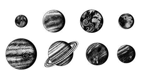 Planets of the Solar system in hand drawn stippling dot work style for science and astronomical...