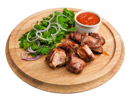 Tasty grilled meat, shish kebab on a white backgroundの写真素材