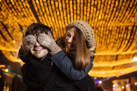 Young couple in love outdoorの写真素材