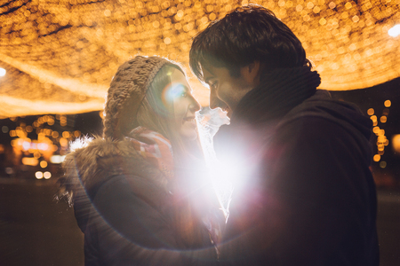 Young couple in love outdoorの写真素材