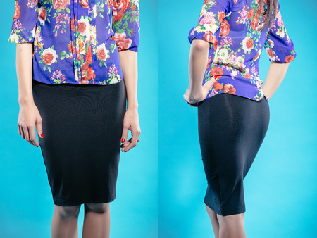 Woman in dark blue skirt collageの写真素材