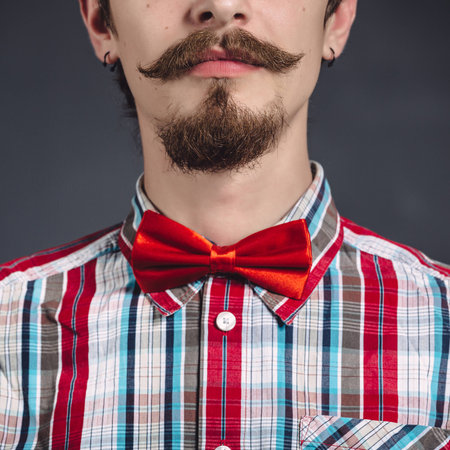 Man in plaid shirt and bow tie in the studioの写真素材