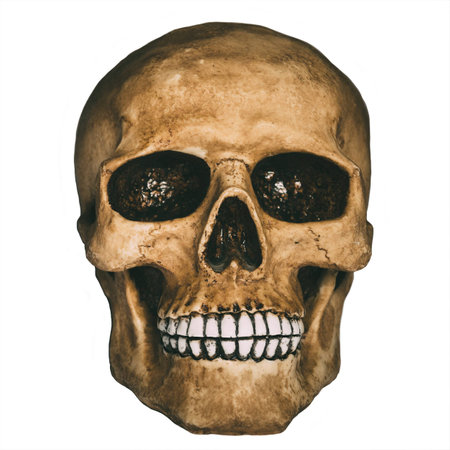 Front view of human skull over white backgroundの写真素材