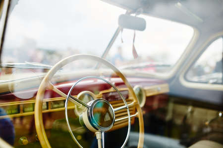 VATRA, MOLDOVA - MAY 1: Exhibition of retro cars on May 1, 2015 in Vatra, Moldova. Retro-May Festival, an exhibition of vintage cars and motorcyclesのeditorial素材