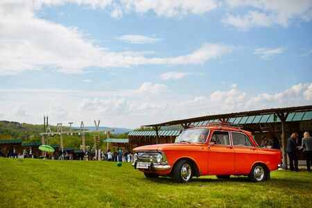 VATRA, MOLDOVA - MAY 1: Exhibition of retro cars on May 1, 2015 in Vatra, Moldova. Retro-May Festival, an exhibition of vintage cars and motorcyclesのeditorial素材
