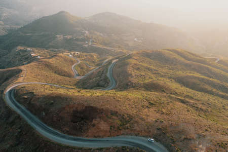 Aerial view of a path leading to an impressive mountain landscape in Turkey. Picturesque view