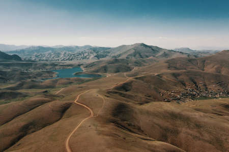 Aerial view of a path leading to an impressive mountain landscape in Turkey. Picturesque viewの写真素材