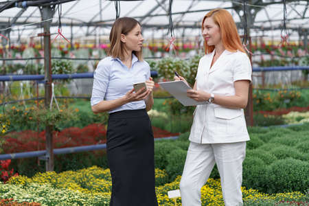 Greenhouse owner presenting flowers options to a potential customer retailer. They have a business discussion, planning future collaboration while noting and negotiating conditionsの写真素材