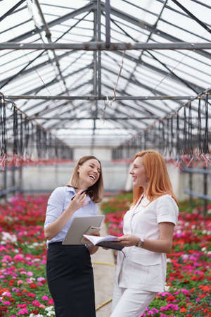 Greenhouse owner presenting flowers options to a potential customer retailer. They have a business discussion, planning future collaboration while noting and negotiating conditionsの写真素材