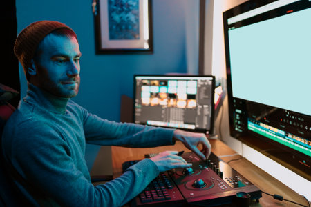Attractive Male Video Editor Works with Footage or Video on His Personal Computer, he Works in Creative Office Studio or home. Neon lightsの写真素材