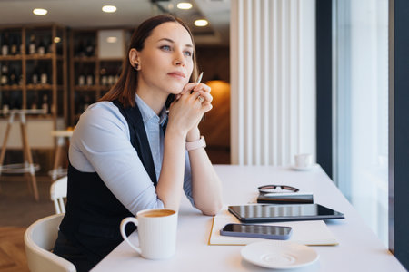 Thoughtful woman sitting in cafeteria with a coffee mug while looking away. Middle aged woman drinking tea while thinking. Relaxing and thinking while drinking coffee.の写真素材