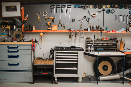 Workshop scene. Tools hanging on the wall in the workshop, garage vintage styleの写真素材
