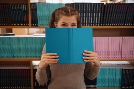 Portrait of a pretty young girl hiding behind an open blue book and looking away over bookshelf...