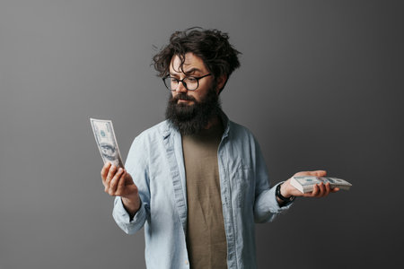Handsome bearded man holds money in handの写真素材