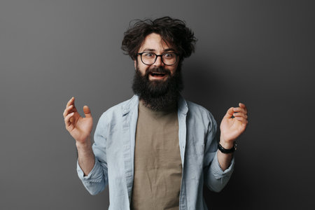 Happy excited bearded man in eyeglasses