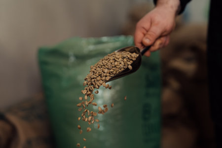 Crop man scooping coffee beans from bagの写真素材