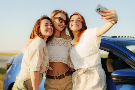 Happy girlfriends taking selfie by car in countrysideの写真素材