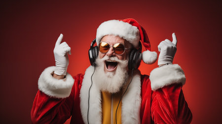 A charismatic Santa Claus with headphones and cool sunglasses, throwing his hands up in a joyful gesture, radiating festive vibesの素材