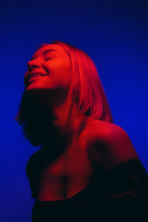 Joyful woman Serenity in Crimson and Cobalt