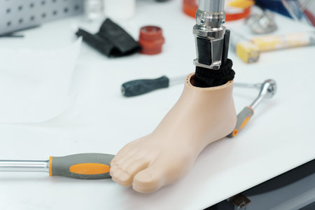 Prosthetic Foot and Tools on Technicians Tableの写真素材