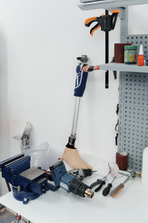 Prosthetics Workshop with Tools and Artificial Limb