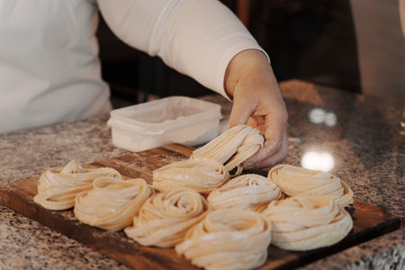 Crop housewife preparing homemade rolled tagliatelle pastaの写真素材
