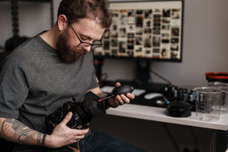 Photographer Cleaning Medium Format Cameraの写真素材