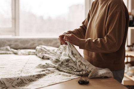 Craftswoman in sewing workshop preparing fabric for project