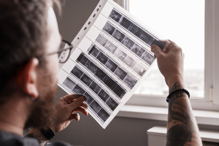 Photographer examining film negatives by window lightの写真素材