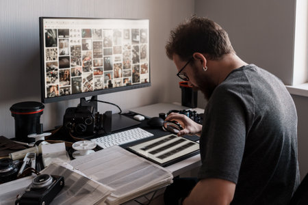 Photographer reviewing film negatives at a computer workstationの写真素材