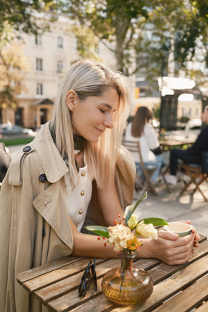 Woman enjoying a coffee break outdoors on a sunny dayの写真素材