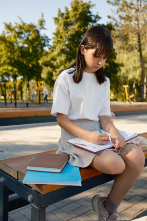 Young girl writing in a notebook while sitting on a park benchの写真素材