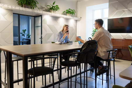 Modern workplace meeting between colleagues in a stylish office with decor.の写真素材