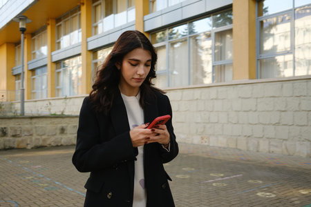 Young woman browsing her smartphone outside walking along a modern building.の写真素材