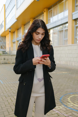 Woman in a stylish coat using a smartphone in an urban outdoors settingの写真素材