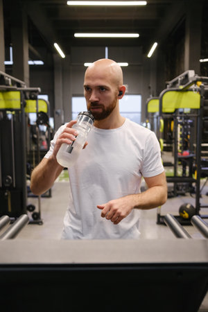 Man drinking water in gym while jogging on treadmillの写真素材