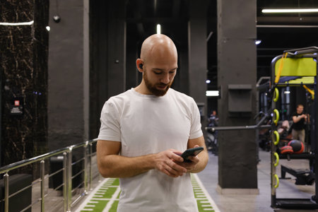 Man in a gym using a smartphone after workout wearing a white t-shirtの写真素材