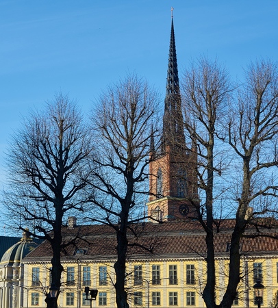 Cathedral behind trees, silhouettes and morning sun in Stockholm, Sweden.の写真素材