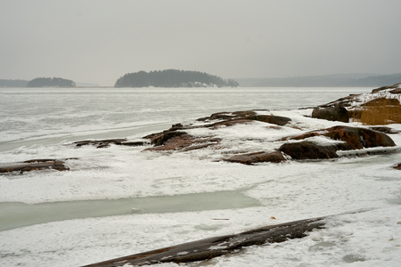 Foggy sea coast on spring.の写真素材