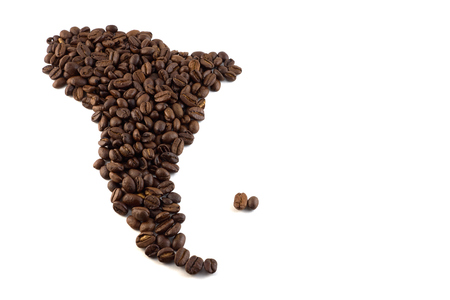 A map of south america made of coffee beans concept. Isolated. Copy space for text.の写真素材