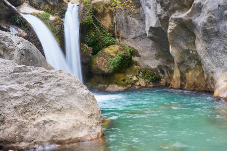 Twin waterfall in Sapadere Canyon, Taurus Mountains, Antalya, Turkey.の写真素材