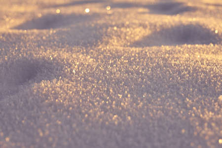 The texture of the snow on a frosty evening at sunset as a background. Copy space.