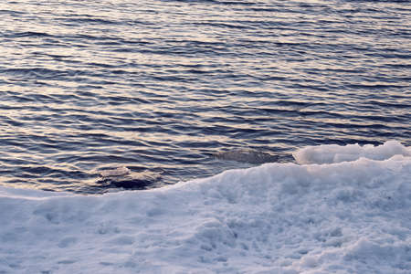 The icy coast of the sea at sunset on spring.の写真素材