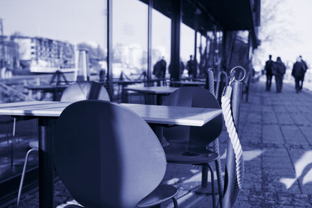 The deserted terrace of the closed cafe during the lockdown.
