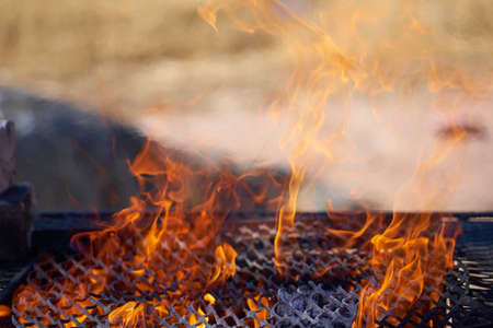 Fire in a rusty vintage grill outdoor with blurred background.