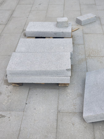 Laying granite tiles on the city streetの写真素材