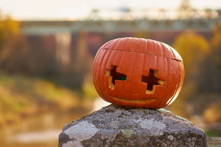 Halloween carved pumpkin with blurred landscape on the background.の写真素材