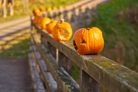Orange halloween pumpkins on the wooden bridgeの写真素材