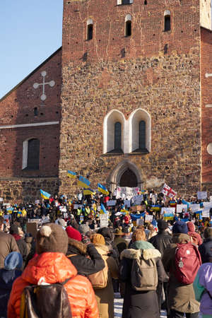 Turku, Finland - 26 February, 2022: Action against Russian aggression against Ukraine in Turku, Finlandのeditorial素材